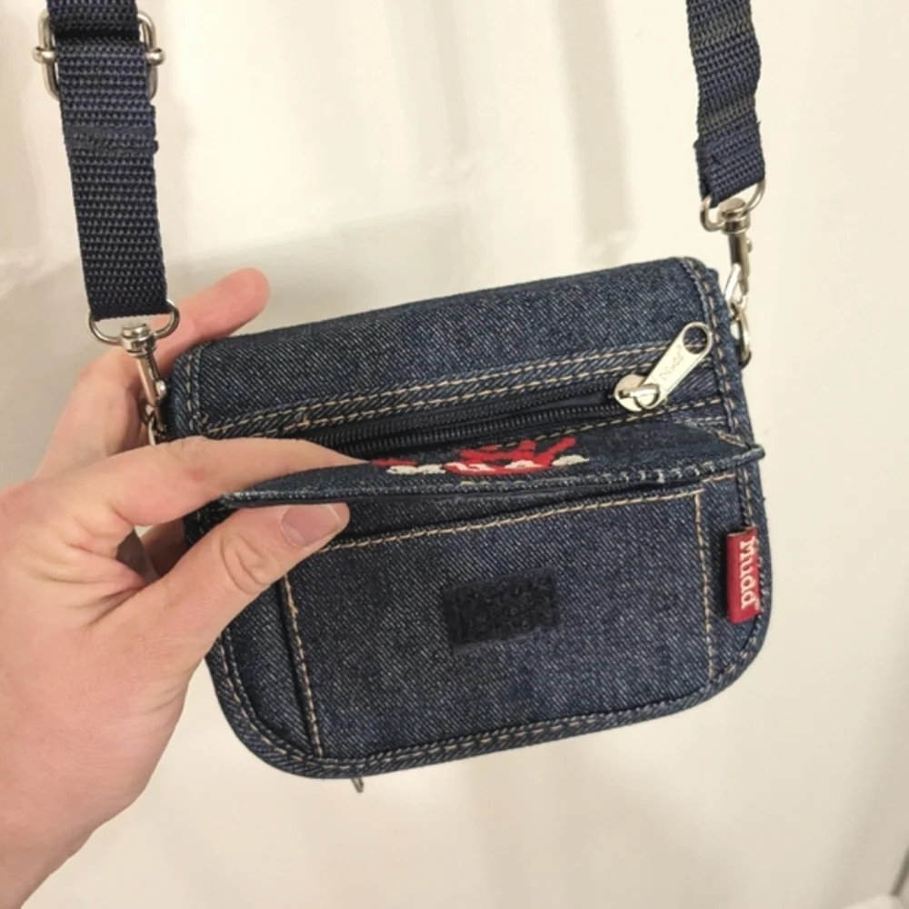 Vintage Denim Crossbody Bag with Red Handprint Accent